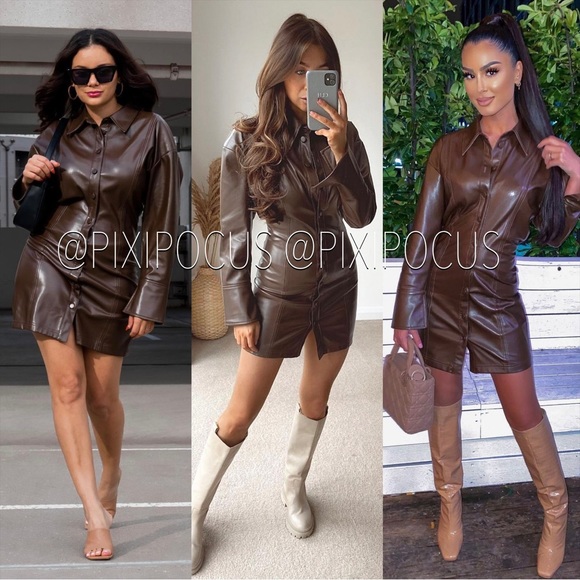 Womens Dresses Zara Brown Leather Dress ZARA BELTED WOMENS FAUX LEATHER  BROWN SHORT LUCIA DRESS MINI
